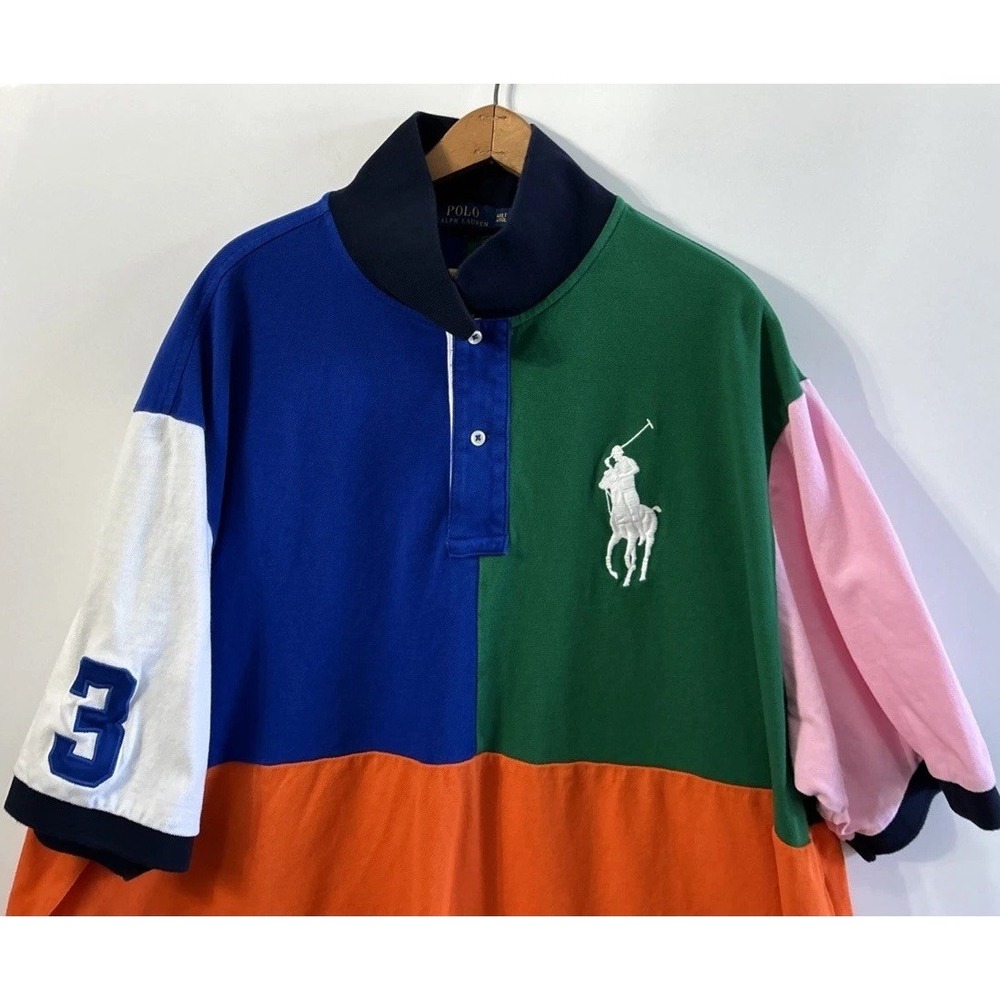 Ralph Lauren Polo Shirt Mens Blue Multicolor Color Blocked Big Pony #3 Sz 4XLT